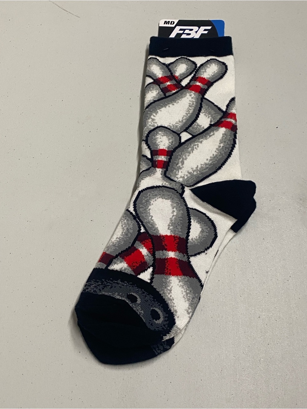 Men's Bowling Pin Crew Socks - White with Red & Black Accents